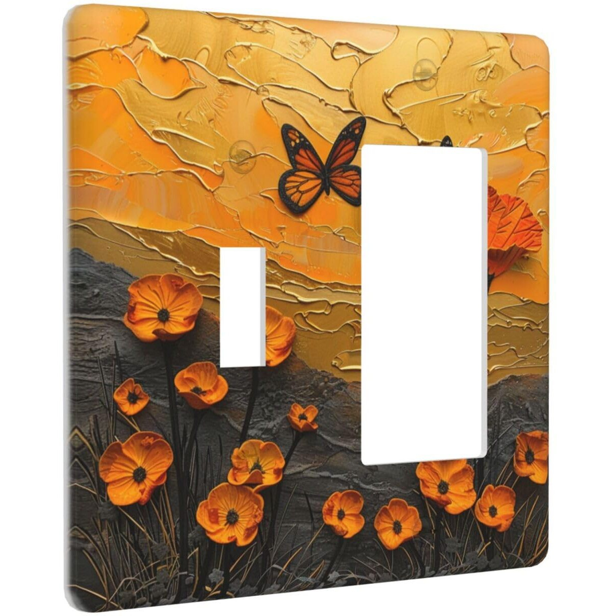 Xuejiaku Light Switch Cover Oil Painting Abstract Orange Butterfly Flower 2 Gang Toggle Rocker Combo Socket Cover Wall Plates Decorative Switch Plates And Outlet Covers For Bedroom Home Decor