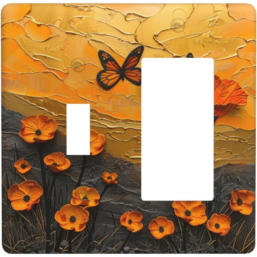 Xuejiaku Light Switch Cover Oil Painting Abstract Orange Butterfly Flower 2 Gang Toggle Rocker Combo Socket Cover Wall Plates Decorative Switch Plates And Outlet Covers For Bedroom Home Decor