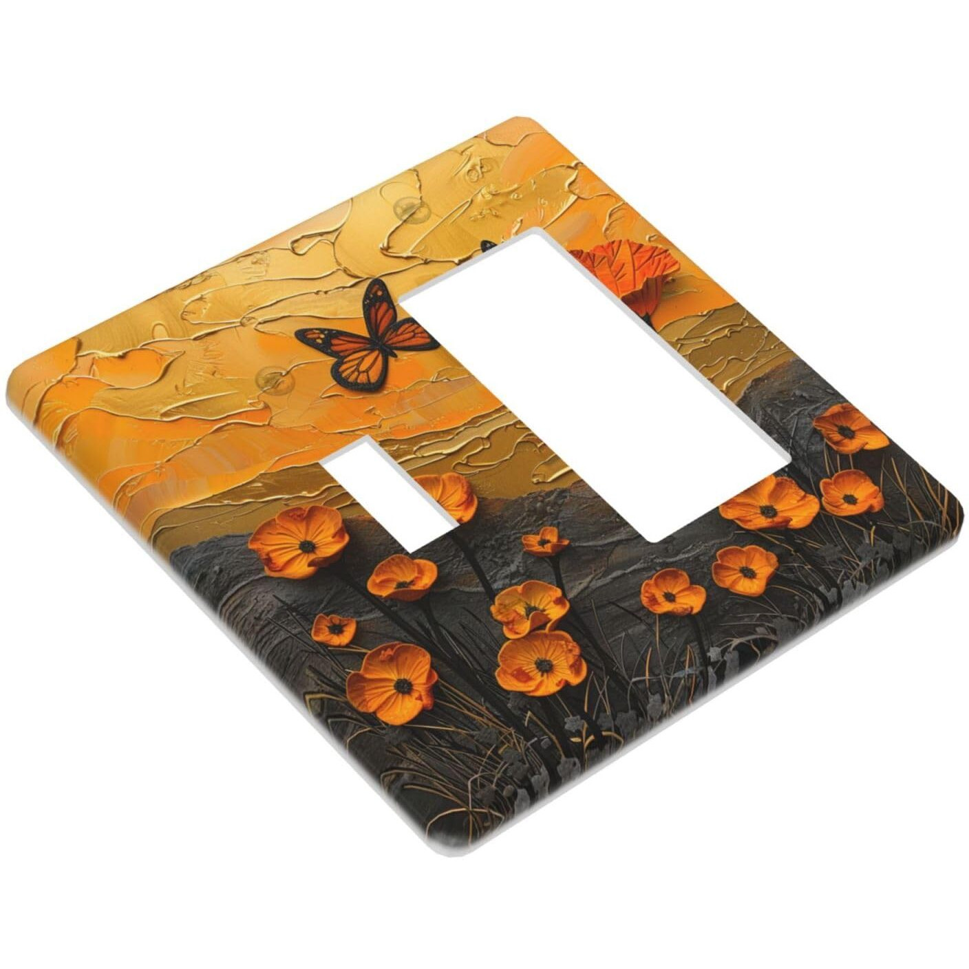 Xuejiaku Light Switch Cover Oil Painting Abstract Orange Butterfly Flower 2 Gang Toggle Rocker Combo Socket Cover Wall Plates Decorative Switch Plates And Outlet Covers For Bedroom Home Decor