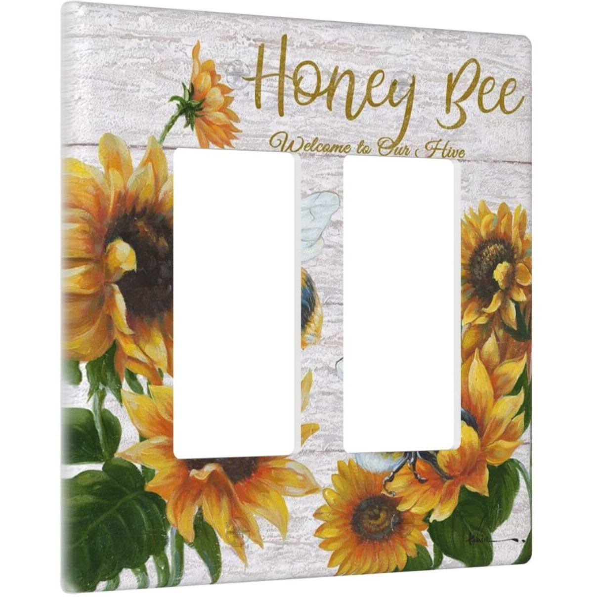 Rustic Wooden Sunflower Bee Oil Painting Double Rocker Light Switch Cover 2 Gang Wall Plate Covers Decorative Electrical Gfci Outlet Plates For Farmhouse Home Bathroom Kitchen Decor