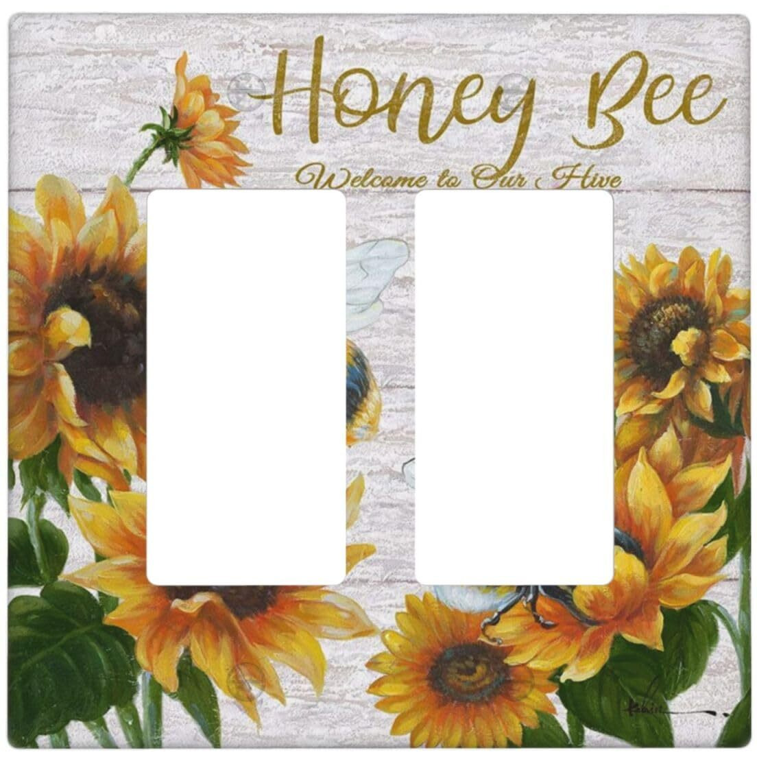 Rustic Wooden Sunflower Bee Oil Painting Double Rocker Light Switch Cover 2 Gang Wall Plate Covers Decorative Electrical Gfci Outlet Plates For Farmhouse Home Bathroom Kitchen Decor