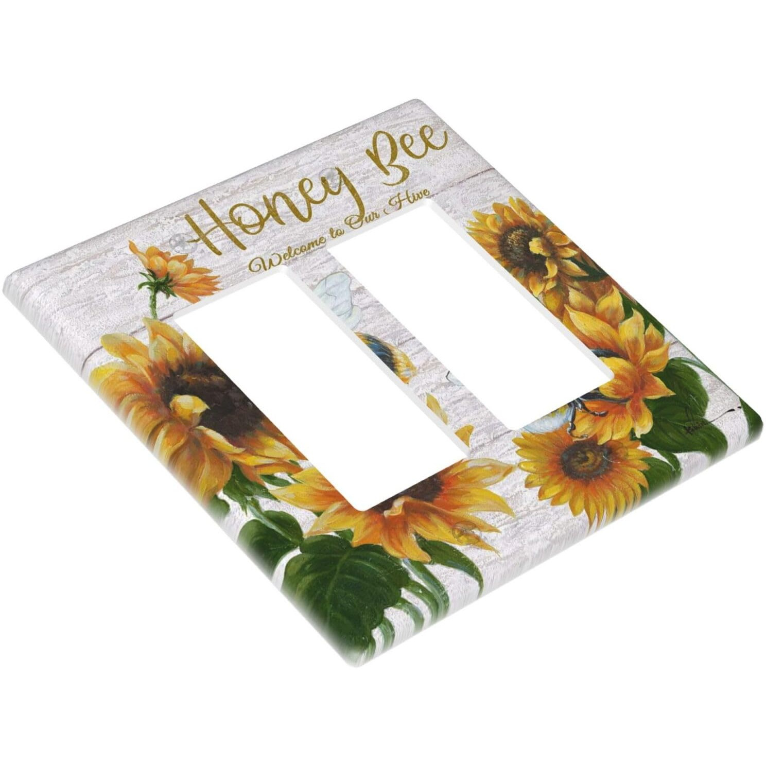 Rustic Wooden Sunflower Bee Oil Painting Double Rocker Light Switch Cover 2 Gang Wall Plate Covers Decorative Electrical Gfci Outlet Plates For Farmhouse Home Bathroom Kitchen Decor