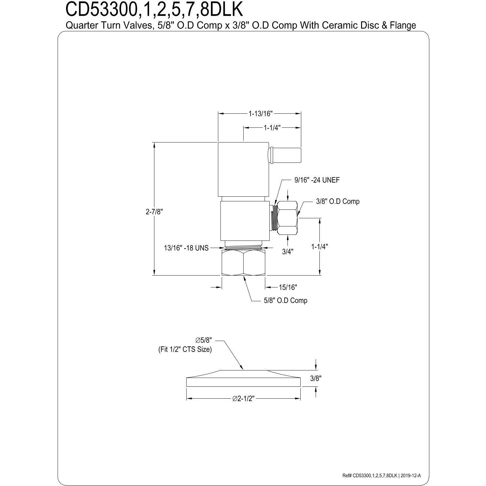 Kingston Brass Cd53305Dlk 5/8"" X 3/8"" O.D Anti-Seize Deluxe Quarter Turn Ceramic Hardisc Cartridge Angle Stop With Flange, 2-1/2"" (L) X 2-1/2"" (W) X 2-7/8"" (H), Oil Rubbed Bronze