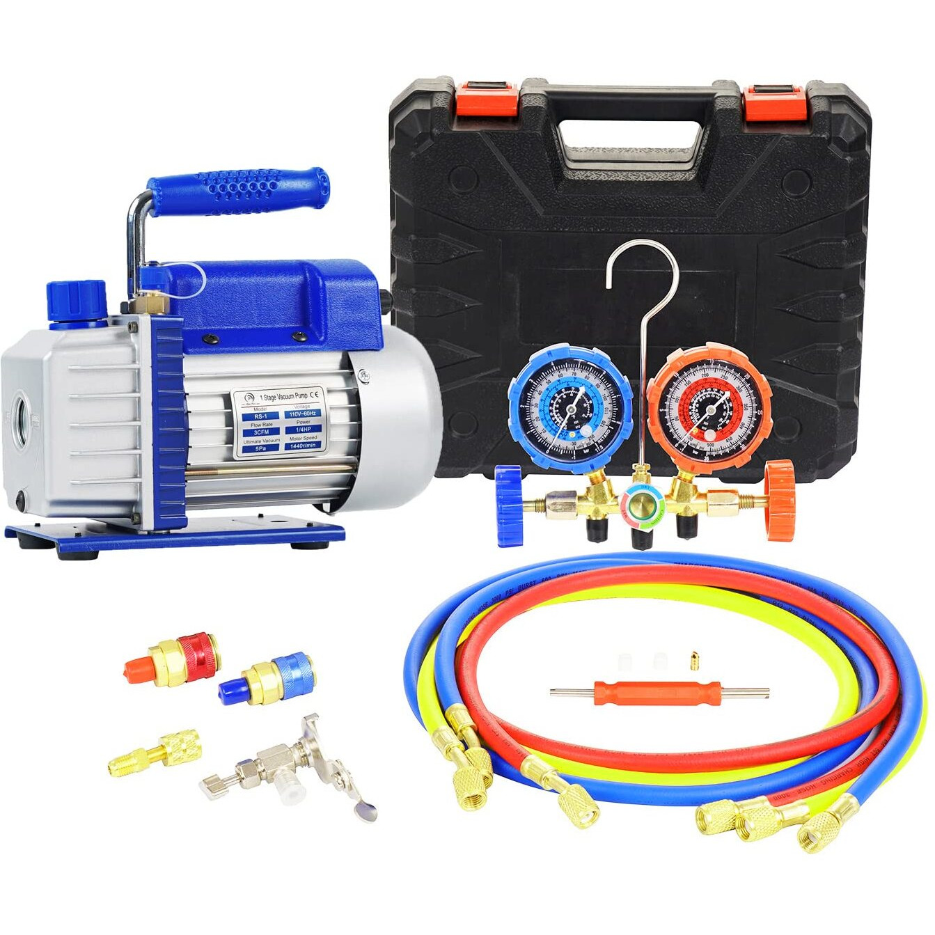 P Pbautos 3Cfm 1/4Hp Single Stage Vacuum Pump And 3-Way Manifold Gauge Set For R12, R22, R134A, R502 Refrigerants For Hvac Refrigeration Recharging And Maintenance, No Oil Included