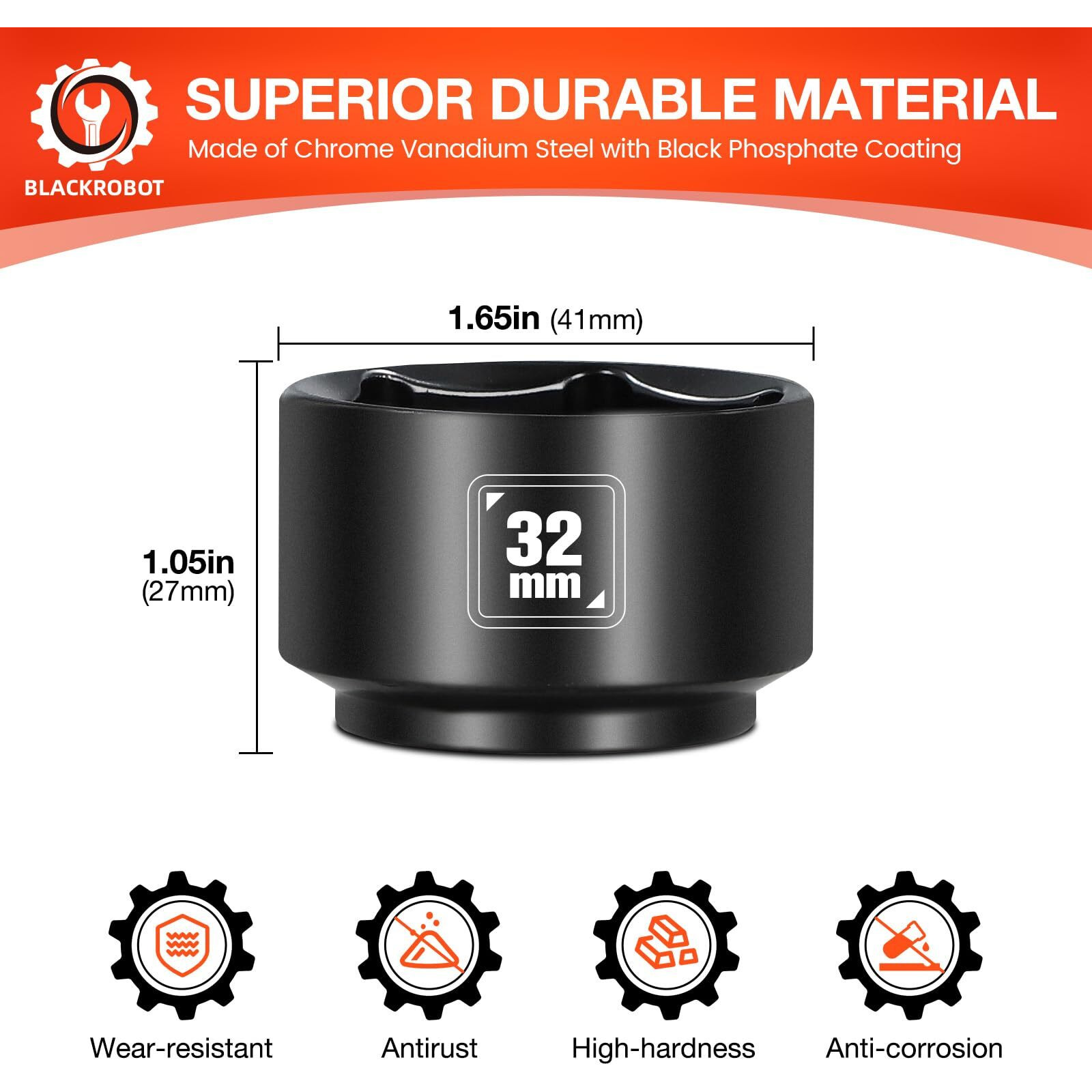 Blackrobot 32Mm Low Profile Oil Filter Socket, 3/8"" Drive 6-Point Oil Filter Cap Remover And Installer Tool, Chrome Vanadium Steel