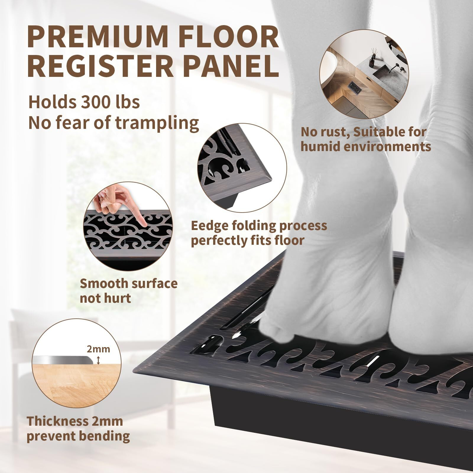 Sanycasa 4X8 Inches Air Floor Vents Register Ease Adjust Air Flow Savannah Design-Heavy Duty Walkable Steel Decorative Vent Covers For Home Floor - Oil Rubbed Bronze Floor Vent Covers - 2 Pack