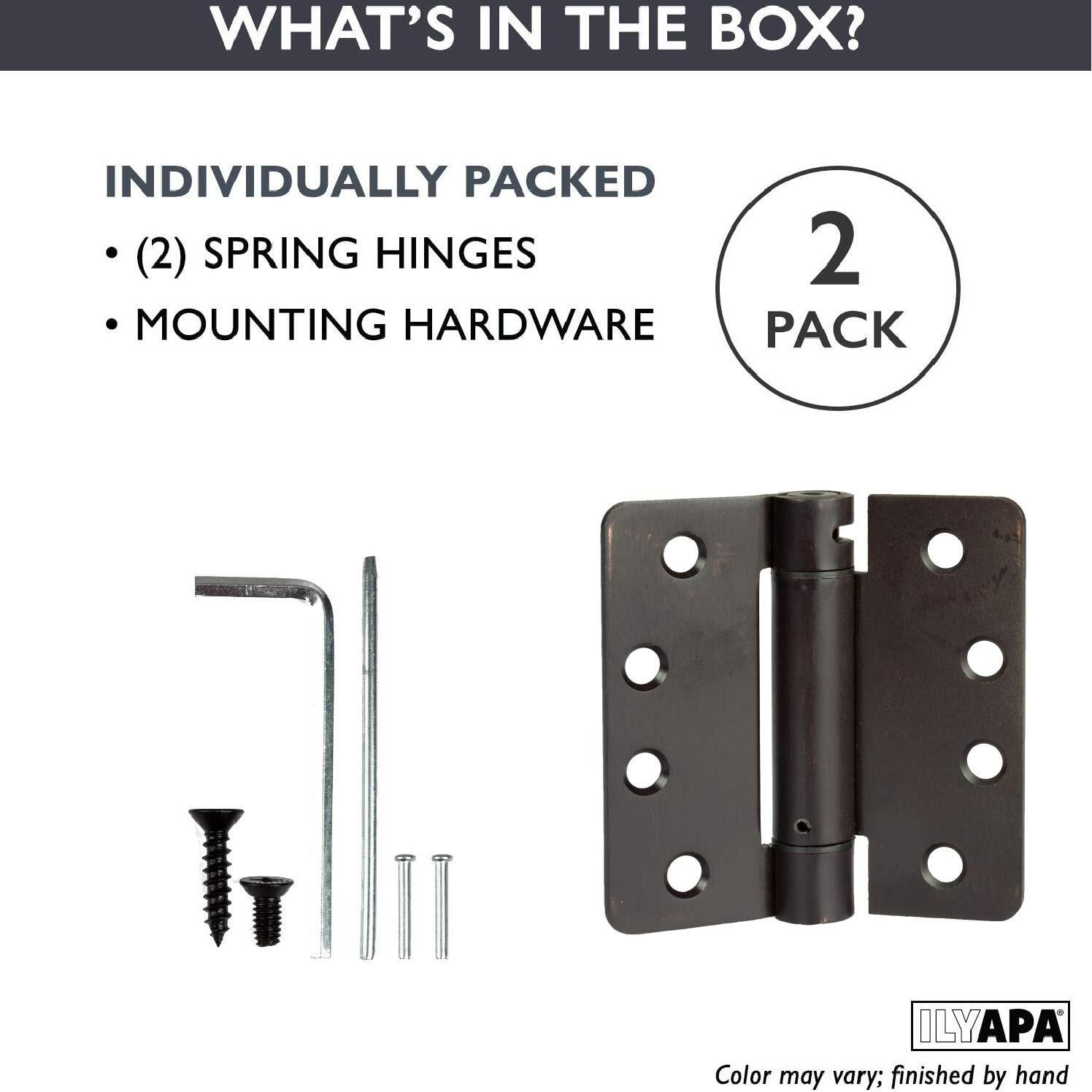 Ilyapa Self Closing Door Hinges, 2 Pack, Oil Rubbed Bronze Mortise Spring Type - 4 X 4 Inch Interior Spring Hinges For Doors With 1/4"" Radius Corners