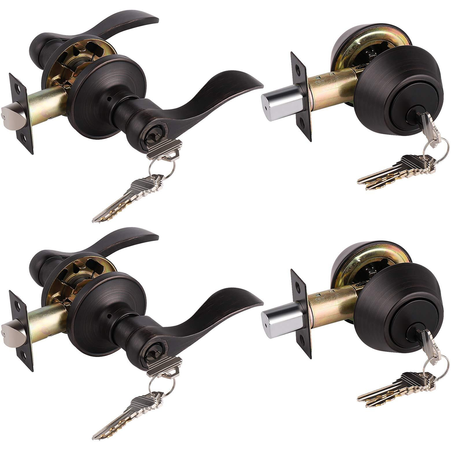 Oil Rubbed Bronze Keyed-Alike Door Levers And Double Cylinder Deadbolts Combination Locksets With Same Key,2 Pack Exterior/Entry Door Handles, Reversible For Right/Left Handed Doors