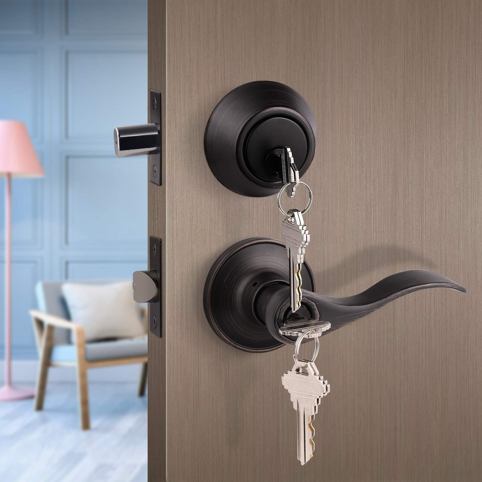 Oil Rubbed Bronze Keyed-Alike Door Levers And Double Cylinder Deadbolts Combination Locksets With Same Key,2 Pack Exterior/Entry Door Handles, Reversible For Right/Left Handed Doors