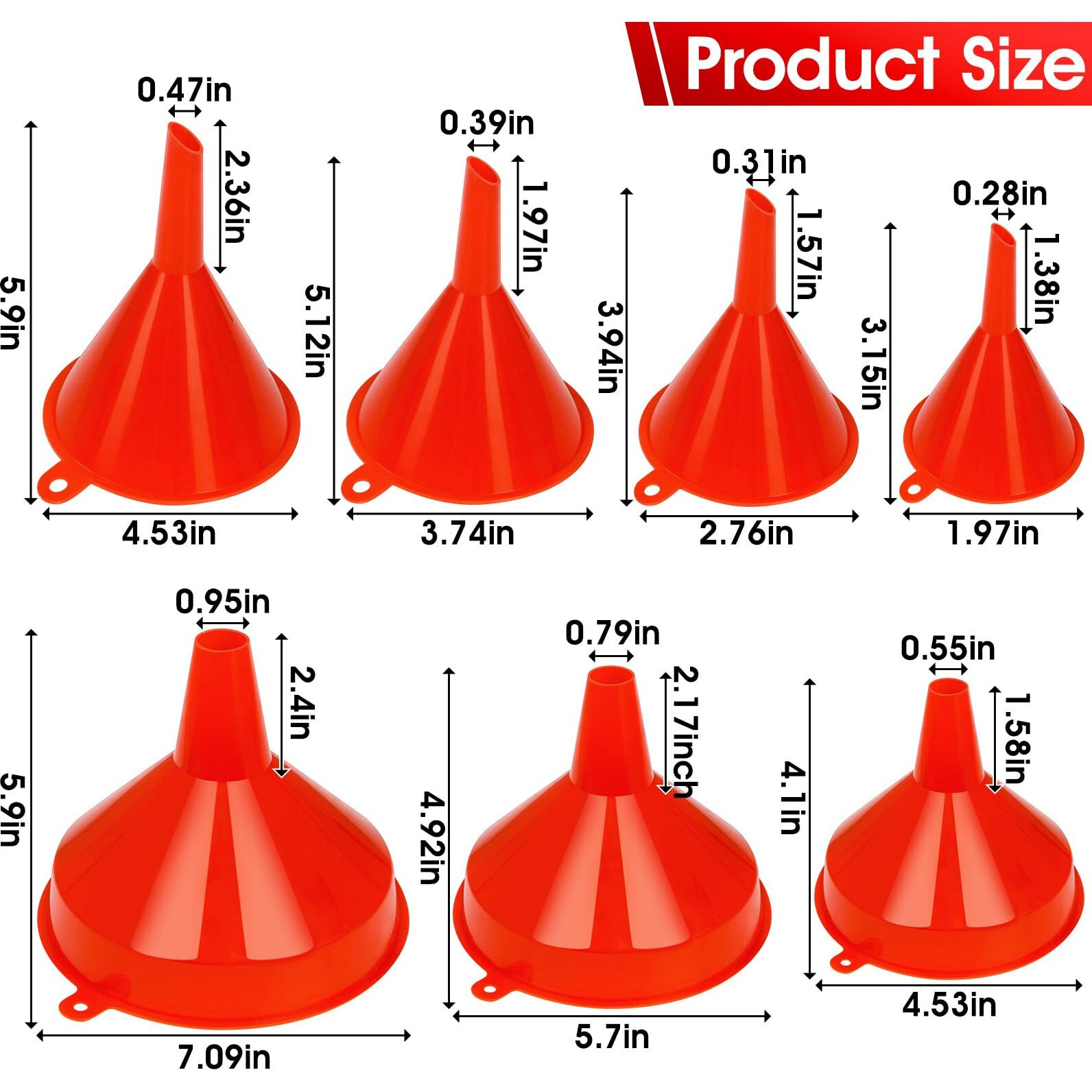 Dedc 7 Pcs Oil Funnels, Plastic Funnel Set For Automotive Use, Kitchen Use Filling Bottles, Durable Small Funnels Red