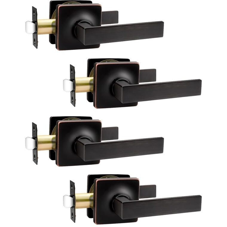 Mengico 4 Pack Interior Passage Door Lever,Oil Rubbed Bronze Left Or Right Handing For Closet And Hallway Doors,Square Heavy Duty Door Handle Set