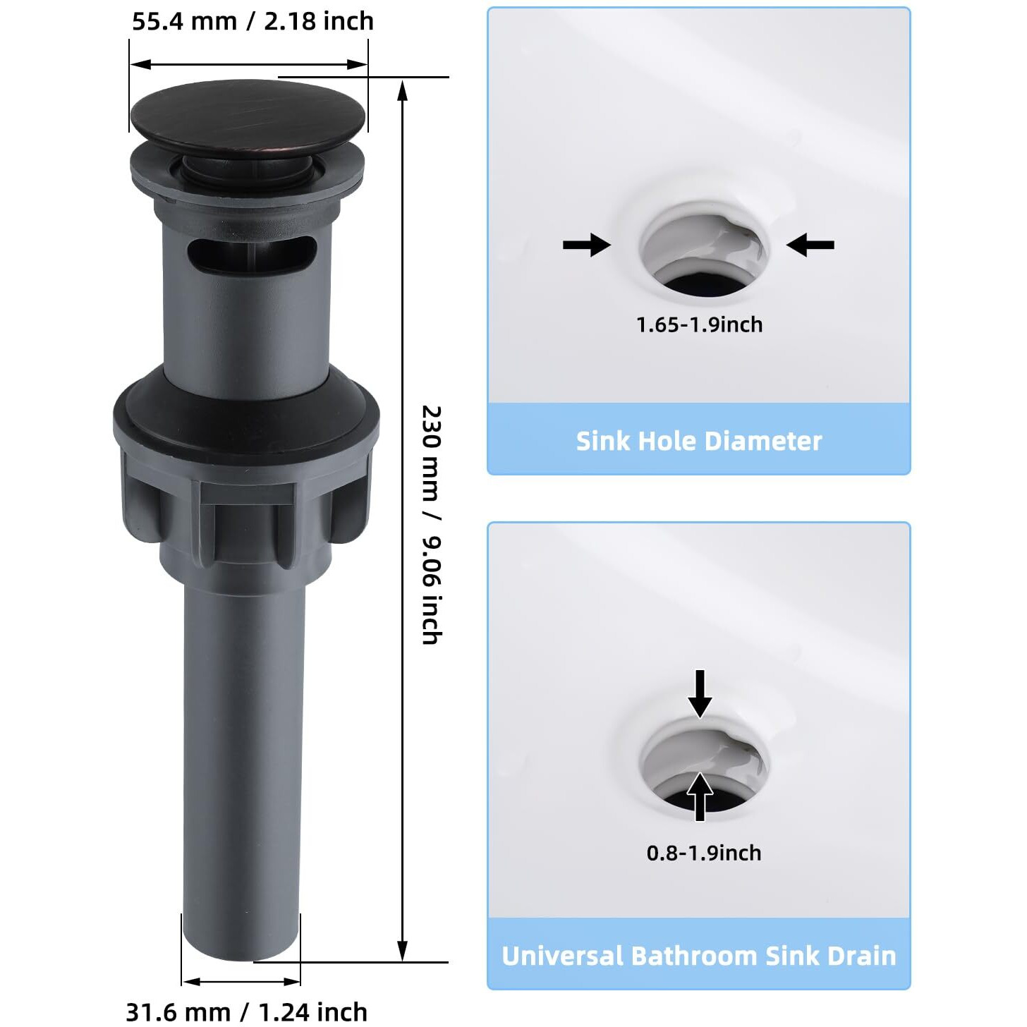 Hygie Rinse 2Pack Bathroom Sink Drain With Overflow, Pop Up Bathroom Sink Stopper For Vessel Sink, Push And Seal Vessel Sink Drainer Stopper, Anti-Clogging Strainer, Oil Rubbed Bronze