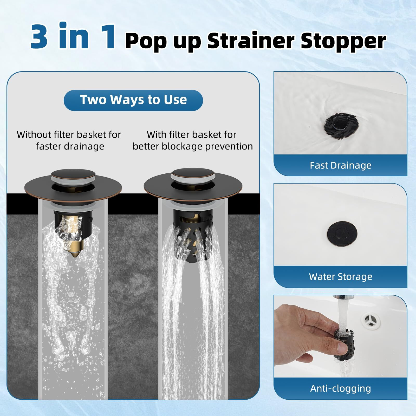 Ifealclear All Metal Bathroom Sink Stopper, Pop Up Sink Drain Strainer With Removable Stainless Steel Filter Basket, Universal For 1.1""-2.36"" Sink, Brass Bounce Core, Hair Catcher, Oil Rubbed Bronze