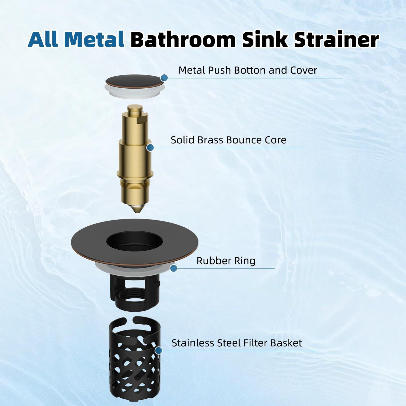 Ifealclear All Metal Bathroom Sink Stopper, Pop Up Sink Drain Strainer With Removable Stainless Steel Filter Basket, Universal For 1.1""-2.36"" Sink, Brass Bounce Core, Hair Catcher, Oil Rubbed Bronze