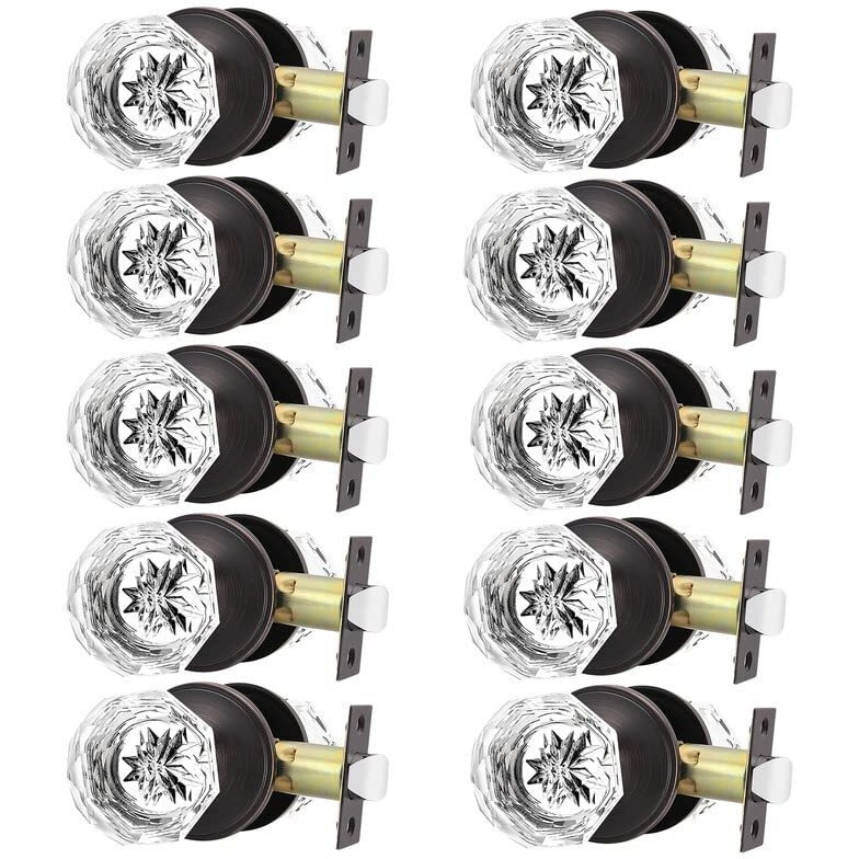 10 Pack Orger Glass Door Knobs For Hallway And Closet, Crystal Passage Door Knobs With Round Diamond Shape, Non-Locking Interior Door Handles, Round Rosette Finished Oil Rubbed Bronze