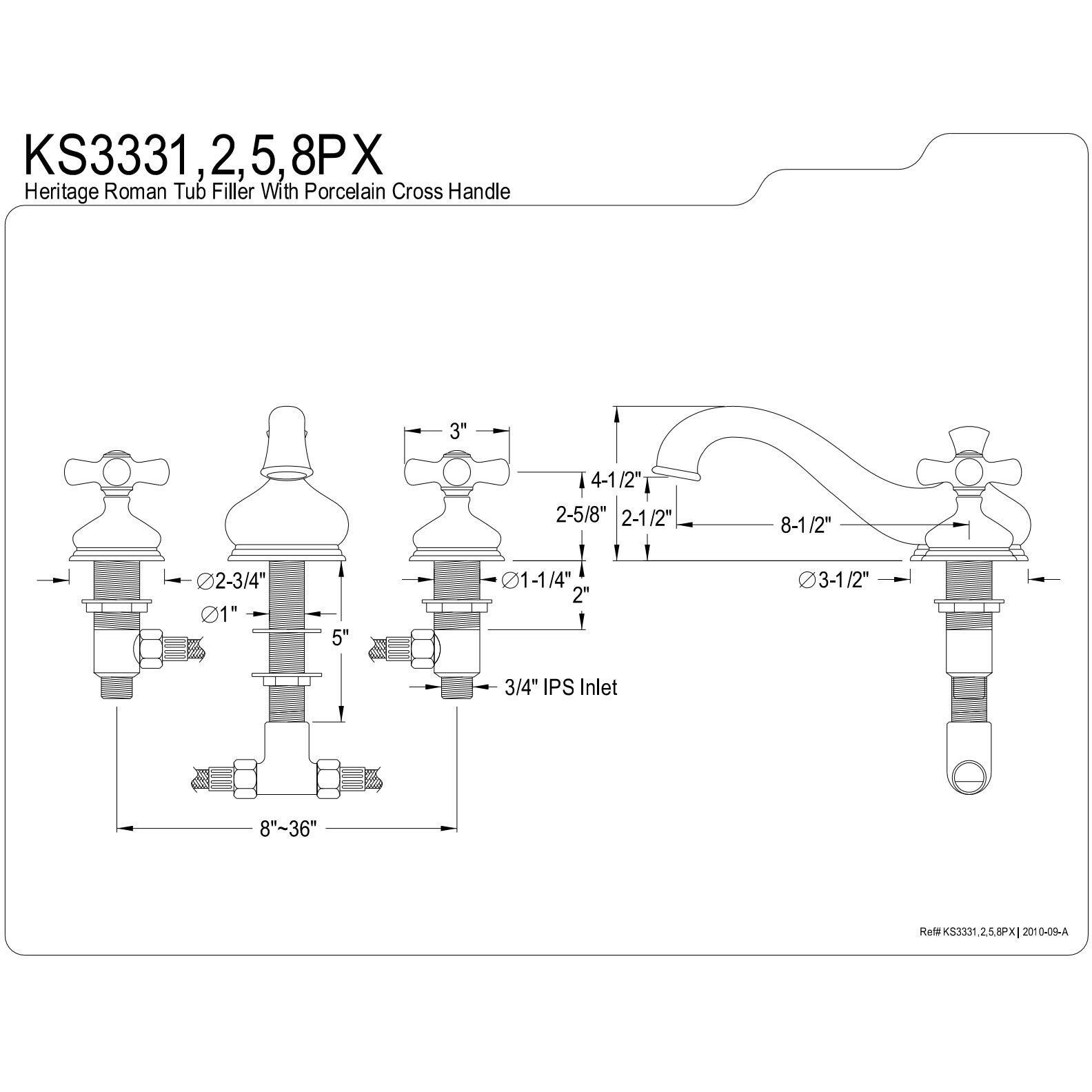 Kingston Brass Ks3335Px Heritage Roman Tub Faucet, 8-Inch Adjustable Center, Oil Rubbed Bronze