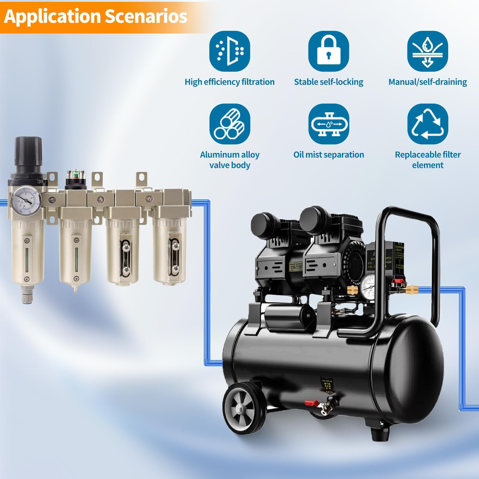 1/2"" Npt Industrial Grade 4 Stage Air Compressor Drying System, 0-240 Psi, Particulate & Coalescing Filters, Auto Drain Air Compressor Water Separator System Filter Oil For Paint Spray& Plasma Cutter