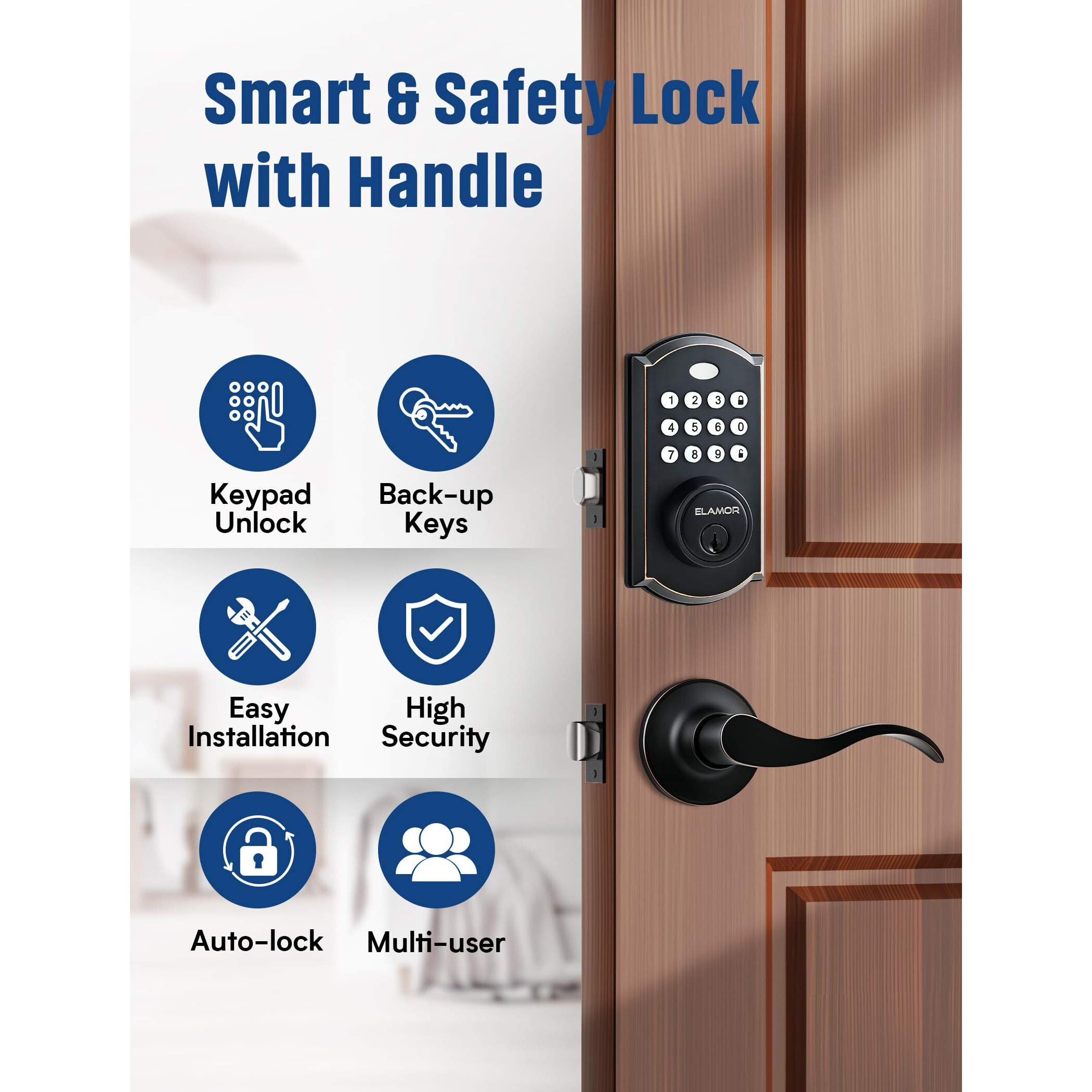 Elamor M19 Keyless Entry Door Lock With 2 Lever Handles, Auto Lock, 50 User Codes, Easy-To-Install Smart Door Lock For Front Door, Waterproof Security Handle Set, Home/Hotel Use, Oil Rubbed Bronze