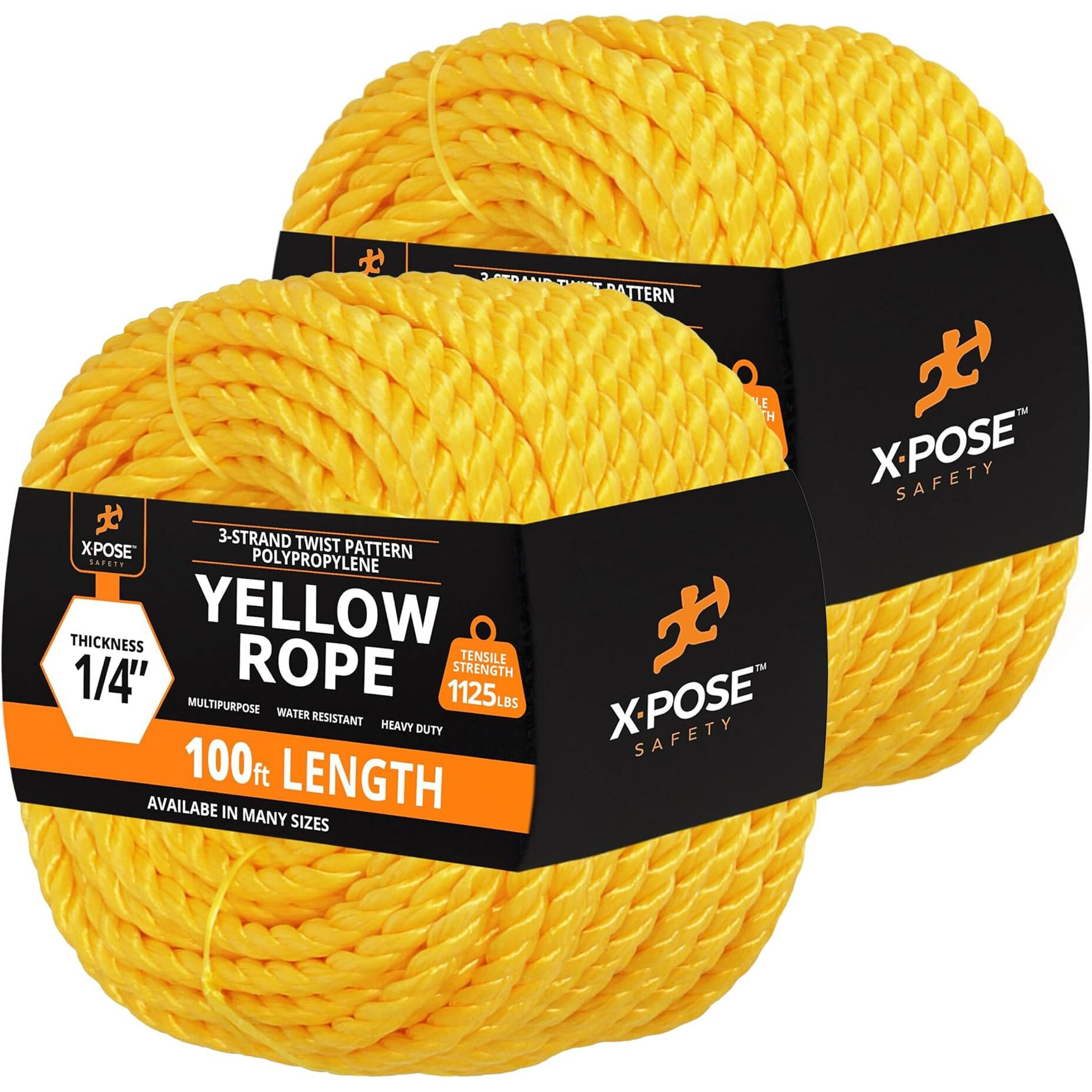 Yellow Twisted Polypropylene Rope, 1/4"" Thickness X 100' Length Heavy Duty Poly Ropes For Outdoor And Marine Use, Yellow Rope For Visibility & Safety