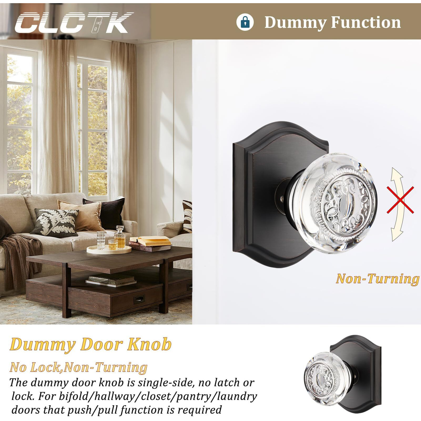 Clctk 2 Pack Crystal Glass Dummy Door Knob, Bifold Closet Dummy Door Handles Non-Turning Single Side, Oil Rubbed Bronze