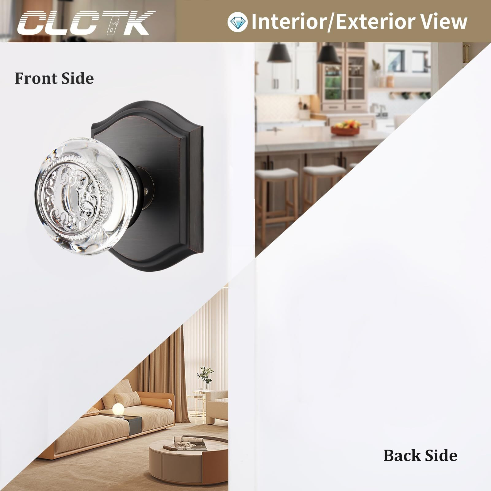 Clctk 2 Pack Crystal Glass Dummy Door Knob, Bifold Closet Dummy Door Handles Non-Turning Single Side, Oil Rubbed Bronze