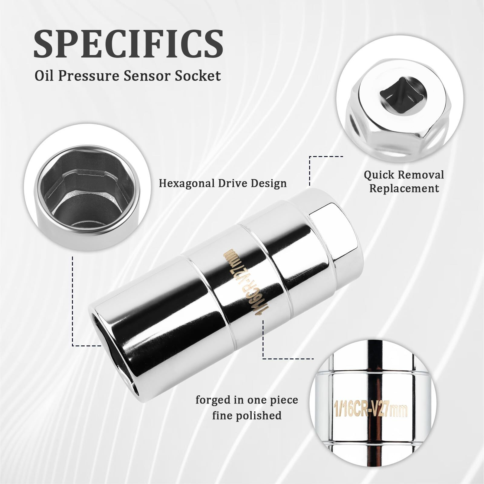 Figpade Oil Pressure Sensor Socket,Hexagonal Drive-27Mm Socket Socket For Removing Oil Sending Unit,Heavy Duty Chrome Molybdenum Steel 1 1/16 Socket Fits 3/8"" Drive,1 1/8"" Hex Wrench (Silver)