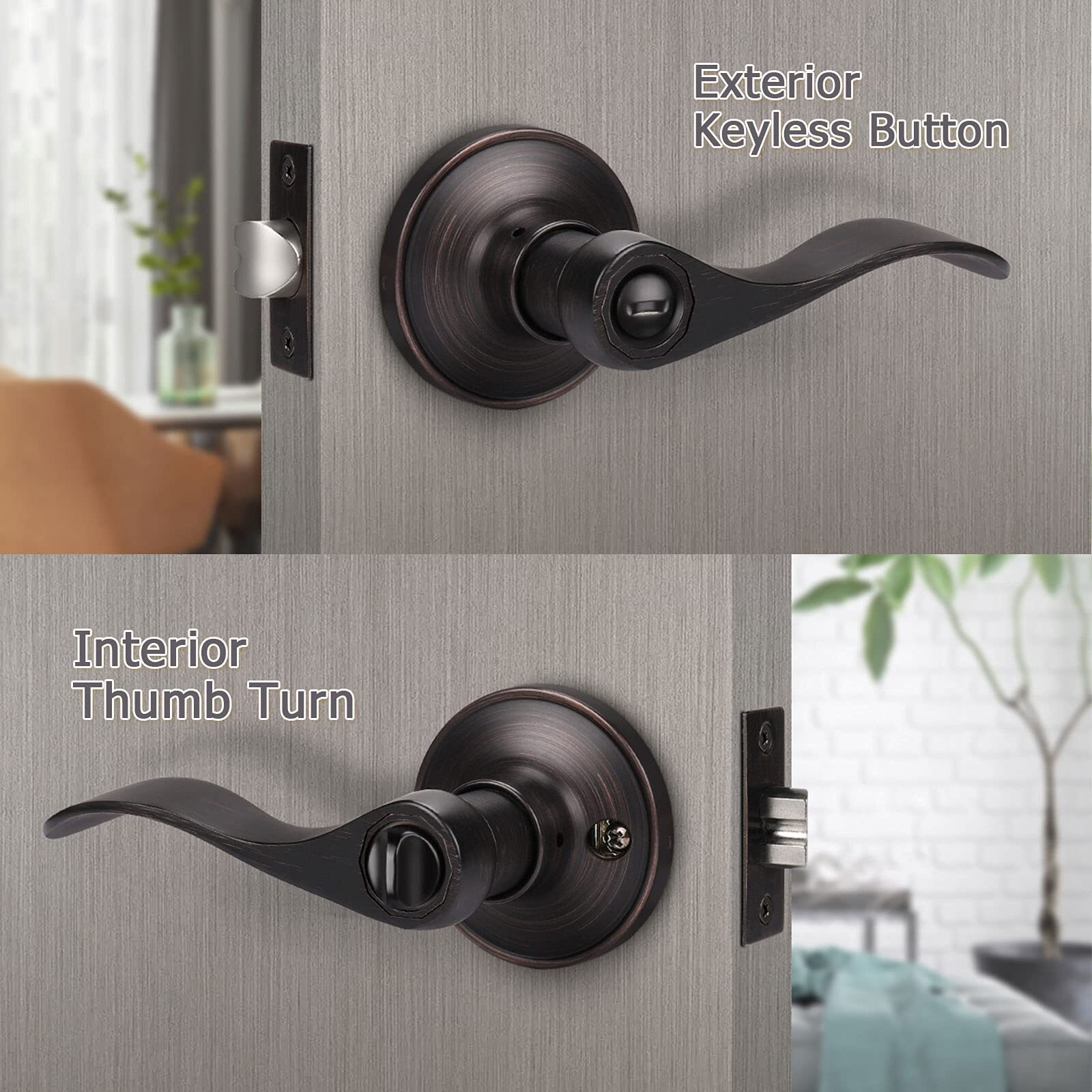 Knobwell 1 Pack Oil Rubbed Bronze Door Levers Privacy Door Knob Handles For Bedroom/Bathroom With Thumb Turn Lock Inside, Reversible For Right Or Left