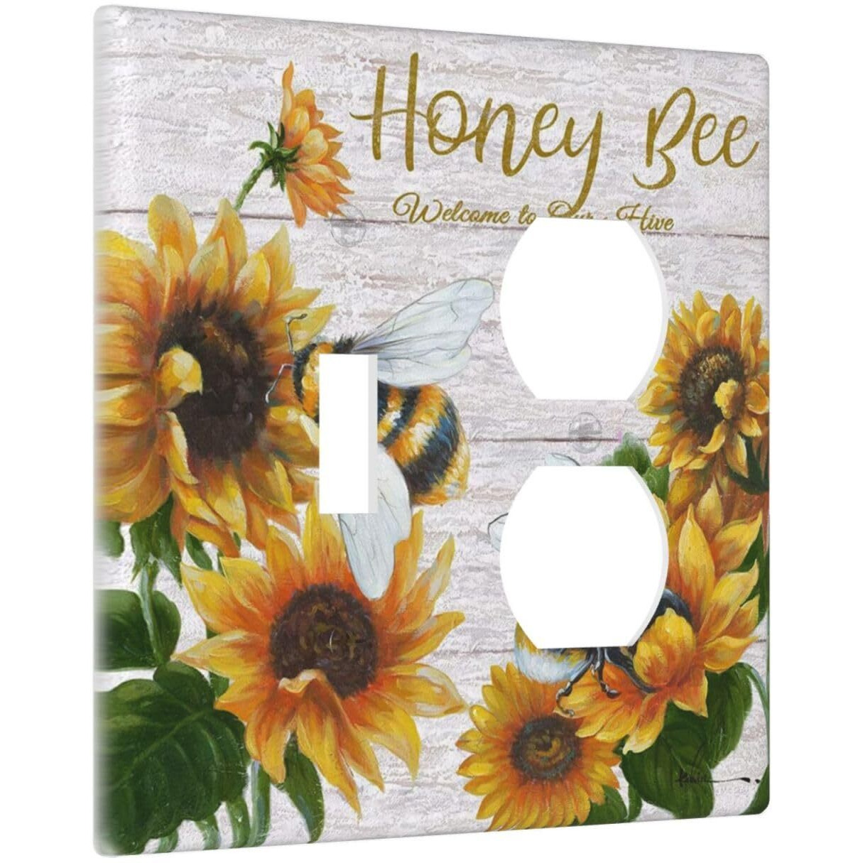 Sunflower Bee Oil Painting 1 Toggle/1 Duplex Outlet Wall Plate Covers Decorative Light Switch Cover 2 Gang Combination Switch Plate Electrical Faceplate For Home Decor