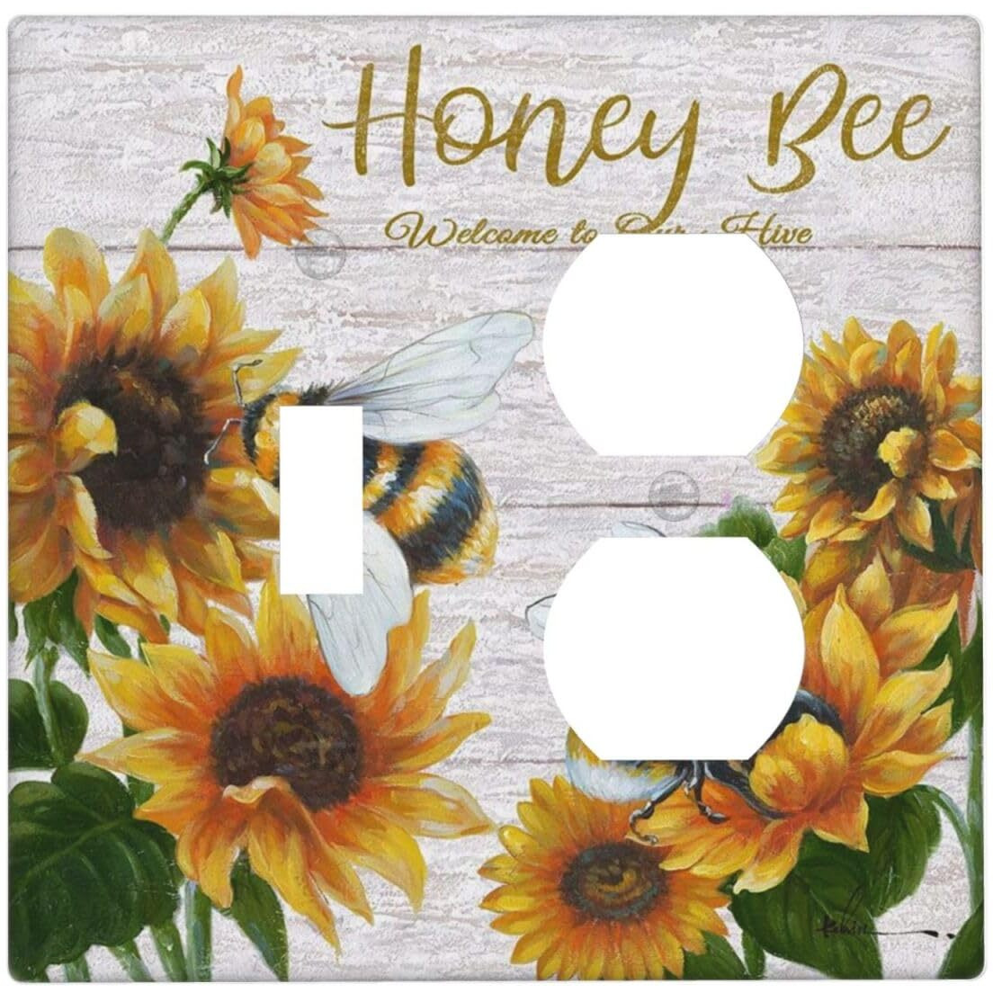 Sunflower Bee Oil Painting 1 Toggle/1 Duplex Outlet Wall Plate Covers Decorative Light Switch Cover 2 Gang Combination Switch Plate Electrical Faceplate For Home Decor