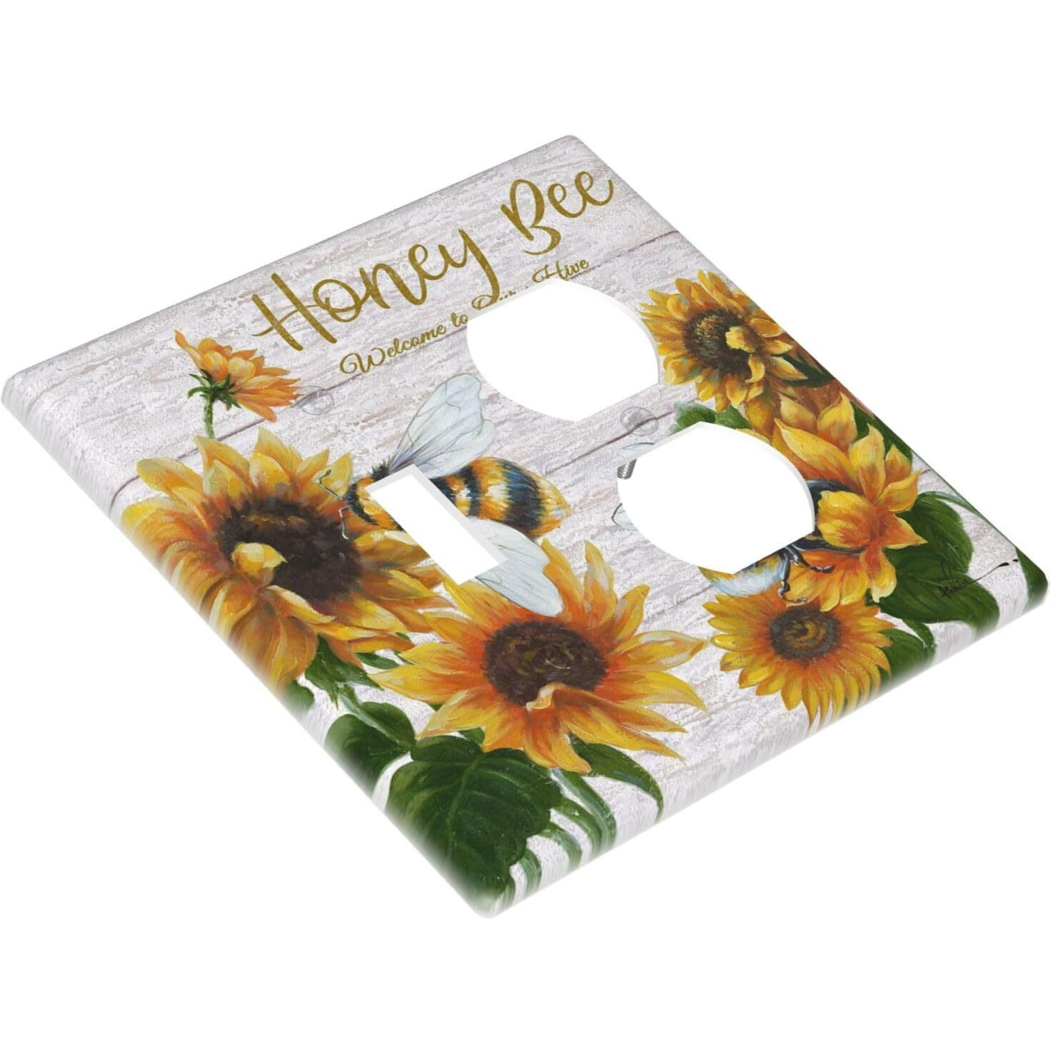 Sunflower Bee Oil Painting 1 Toggle/1 Duplex Outlet Wall Plate Covers Decorative Light Switch Cover 2 Gang Combination Switch Plate Electrical Faceplate For Home Decor