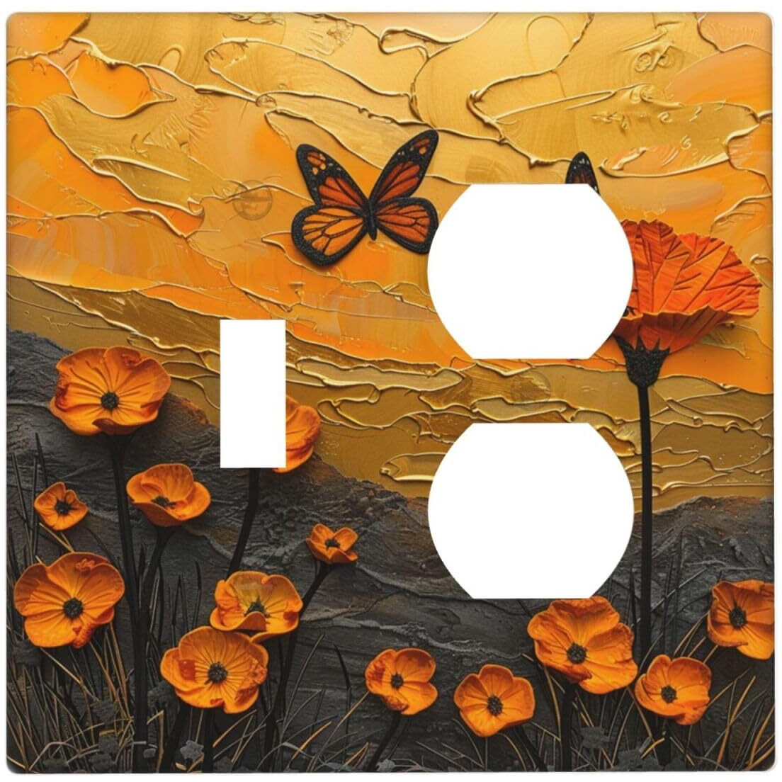 Xuejiaku Outlet Covers Oil Painting Abstract Orange Butterfly Flower 2 Gang Decorative Socket Cover 1 Toggle Duplex Combo Light Switch Cover Gfci Electrical Wallplates For Bedroom Home Decor