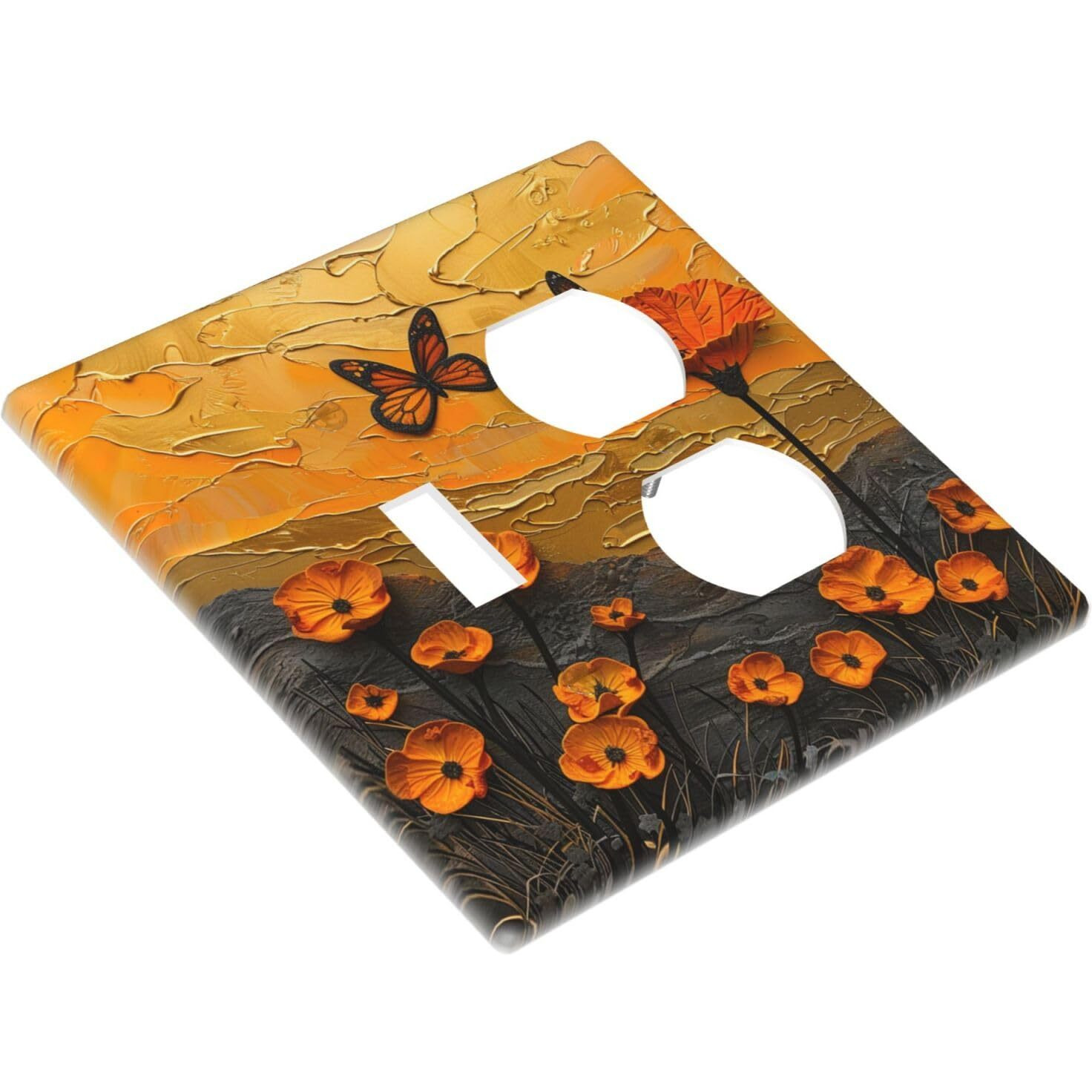 Xuejiaku Outlet Covers Oil Painting Abstract Orange Butterfly Flower 2 Gang Decorative Socket Cover 1 Toggle Duplex Combo Light Switch Cover Gfci Electrical Wallplates For Bedroom Home Decor