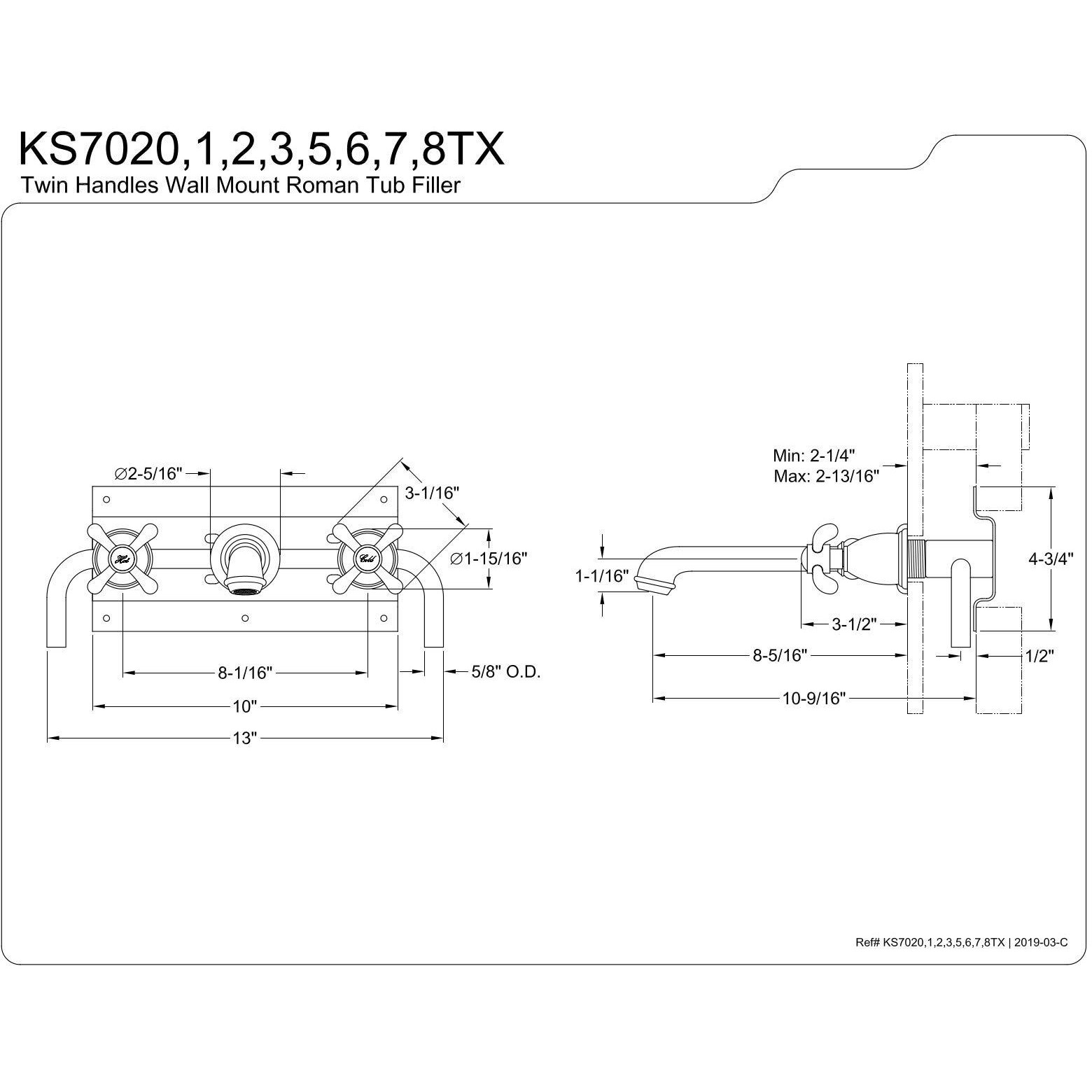 Kingston Brass Ks7025Tx French Country 2-Handle Wall Mount Roman Tub Faucet, Oil Rubbed Bronze