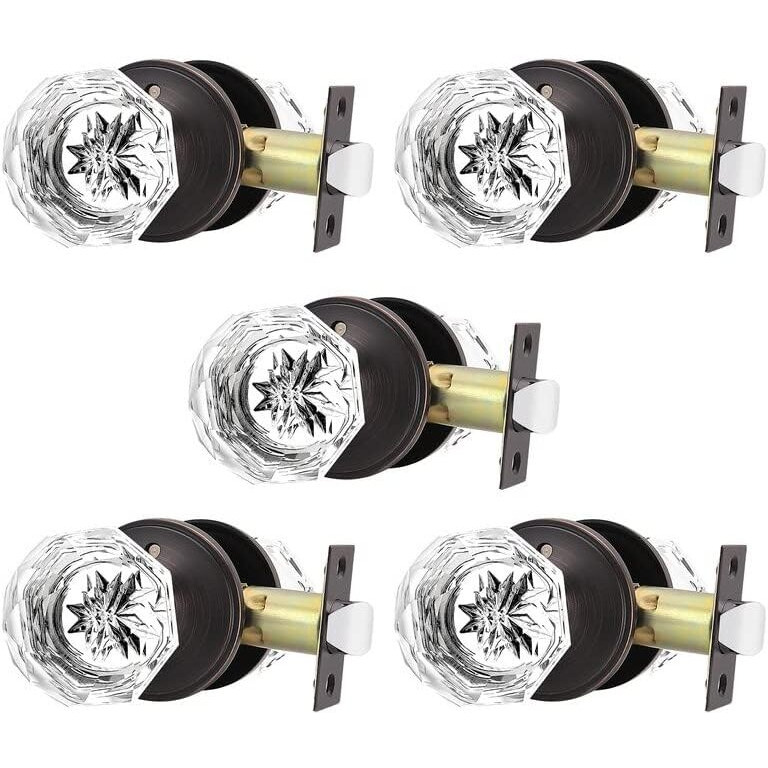 Orger 5 Pack Glass Door Knobs With Oil Rubbed Bronze Rosette, Bath/Bed Door Knobs For Privacy Use, Keyless Interior Door Handles With Diamond Shape Crystal Glass And Zinc Alloy Base
