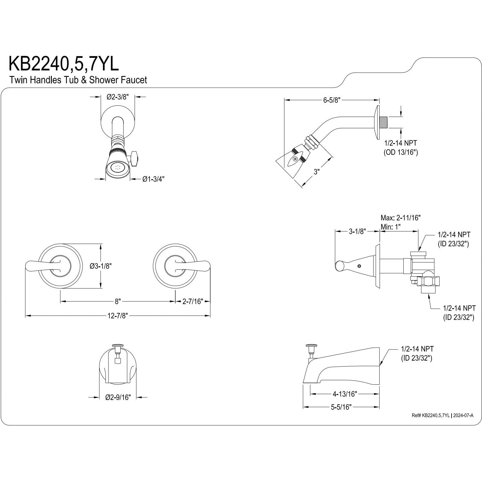 Kingston Brass Kb2245Yl Yosemite Two Handle Tub Shower Faucet, Oil Rubbed Bronze, 3-1/8 Inch Diameter Escutcheon, Oil Rubbed Bronze