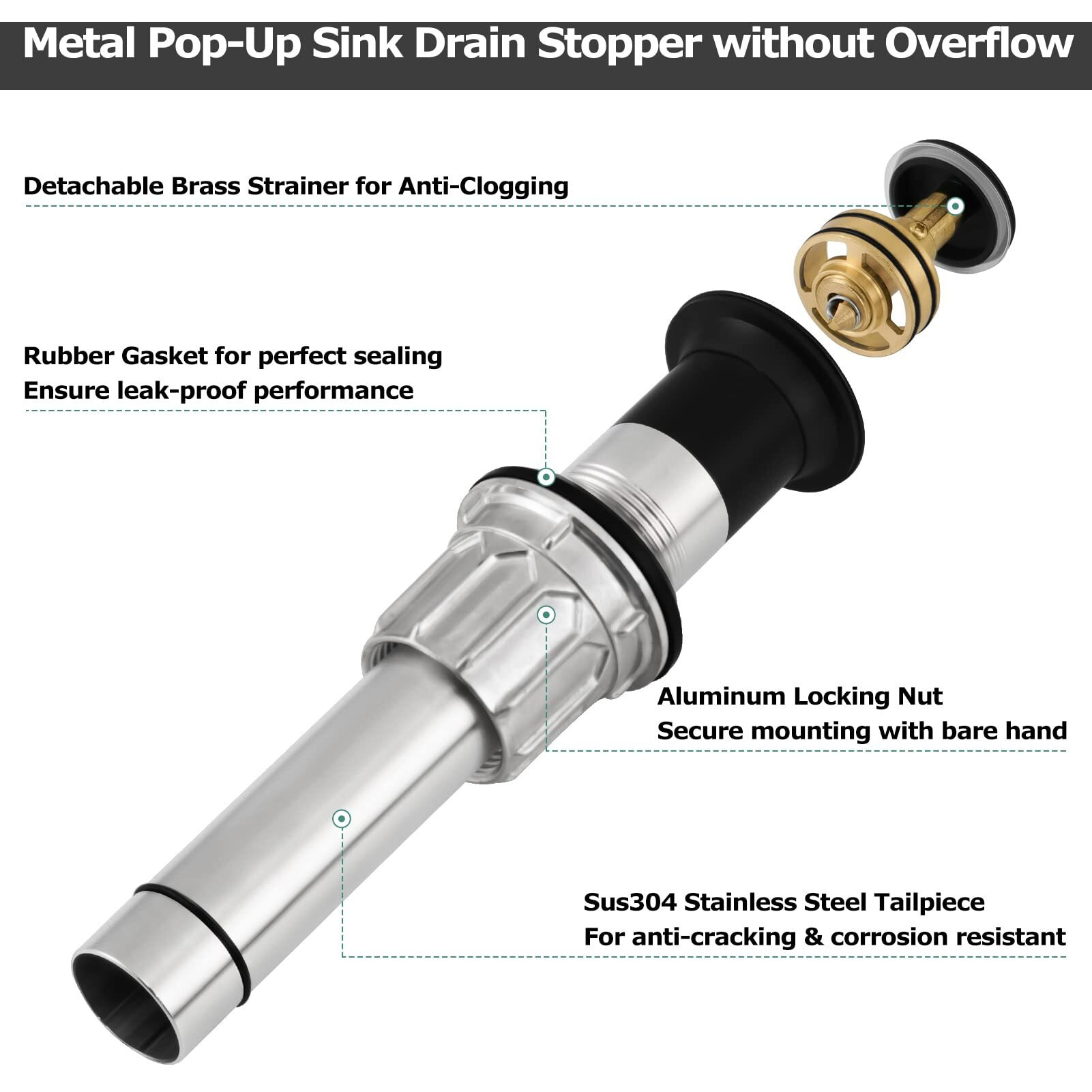 Parlos Bathroom Sink Drain Without Overflow, Metal Pop Up Drain For Vessel Sink, Oil Rubbed Bronze, 2108603