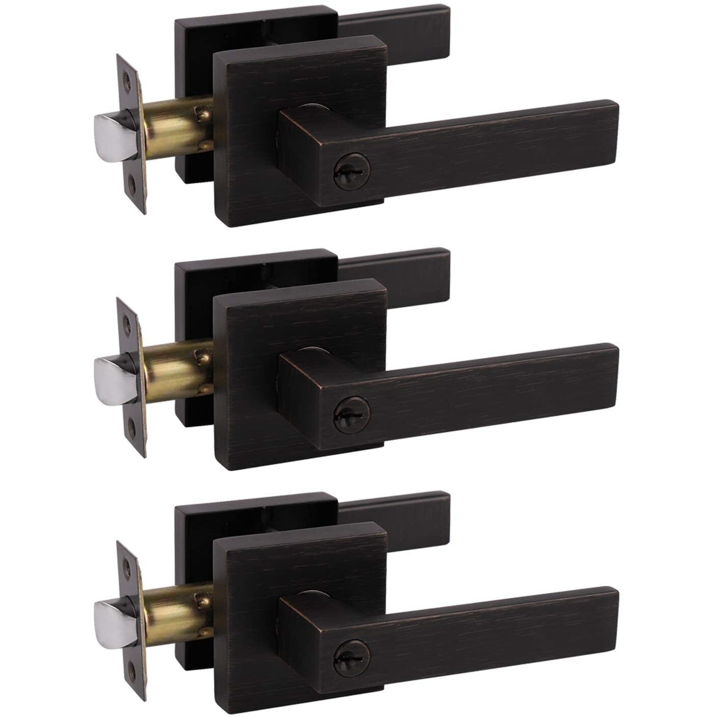 Probrico Keyed Entry Lever Door Locks (Different Keys) In Oil Rubbed Bronze, Square Exterior Entrance Handles, Heavy Duty Interior Lockset For Right/Left Handed Doors, 3 Pack