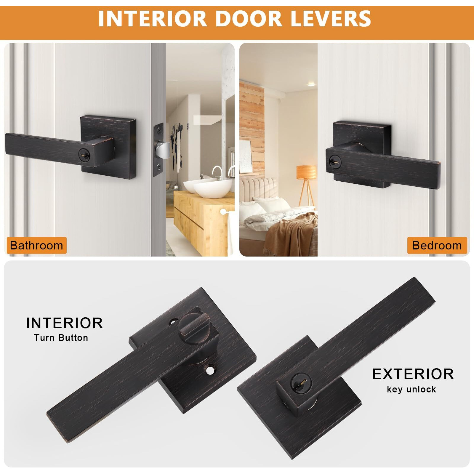 Probrico Keyed Entry Lever Door Locks (Different Keys) In Oil Rubbed Bronze, Square Exterior Entrance Handles, Heavy Duty Interior Lockset For Right/Left Handed Doors, 3 Pack