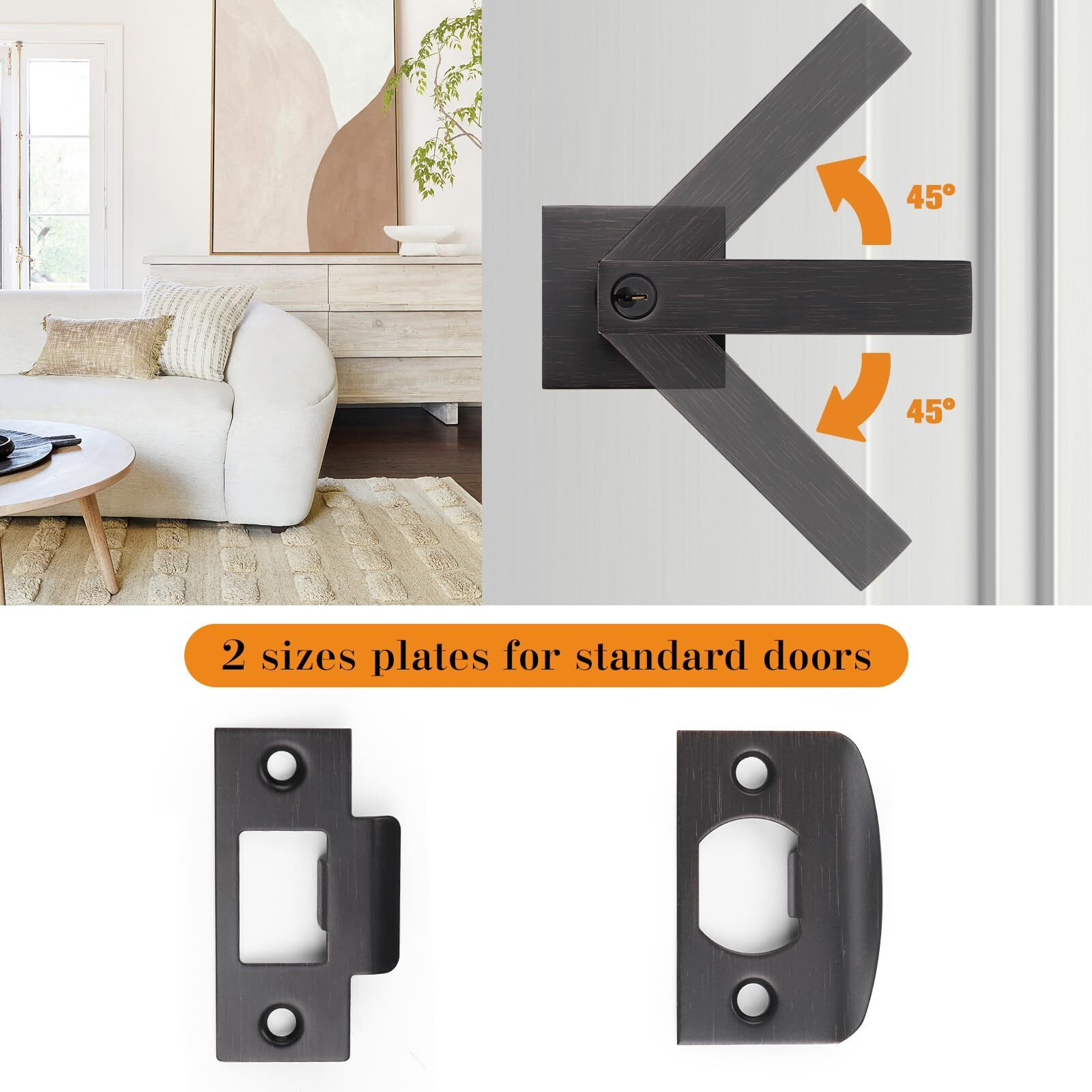Probrico Keyed Entry Lever Door Locks (Different Keys) In Oil Rubbed Bronze, Square Exterior Entrance Handles, Heavy Duty Interior Lockset For Right/Left Handed Doors, 3 Pack