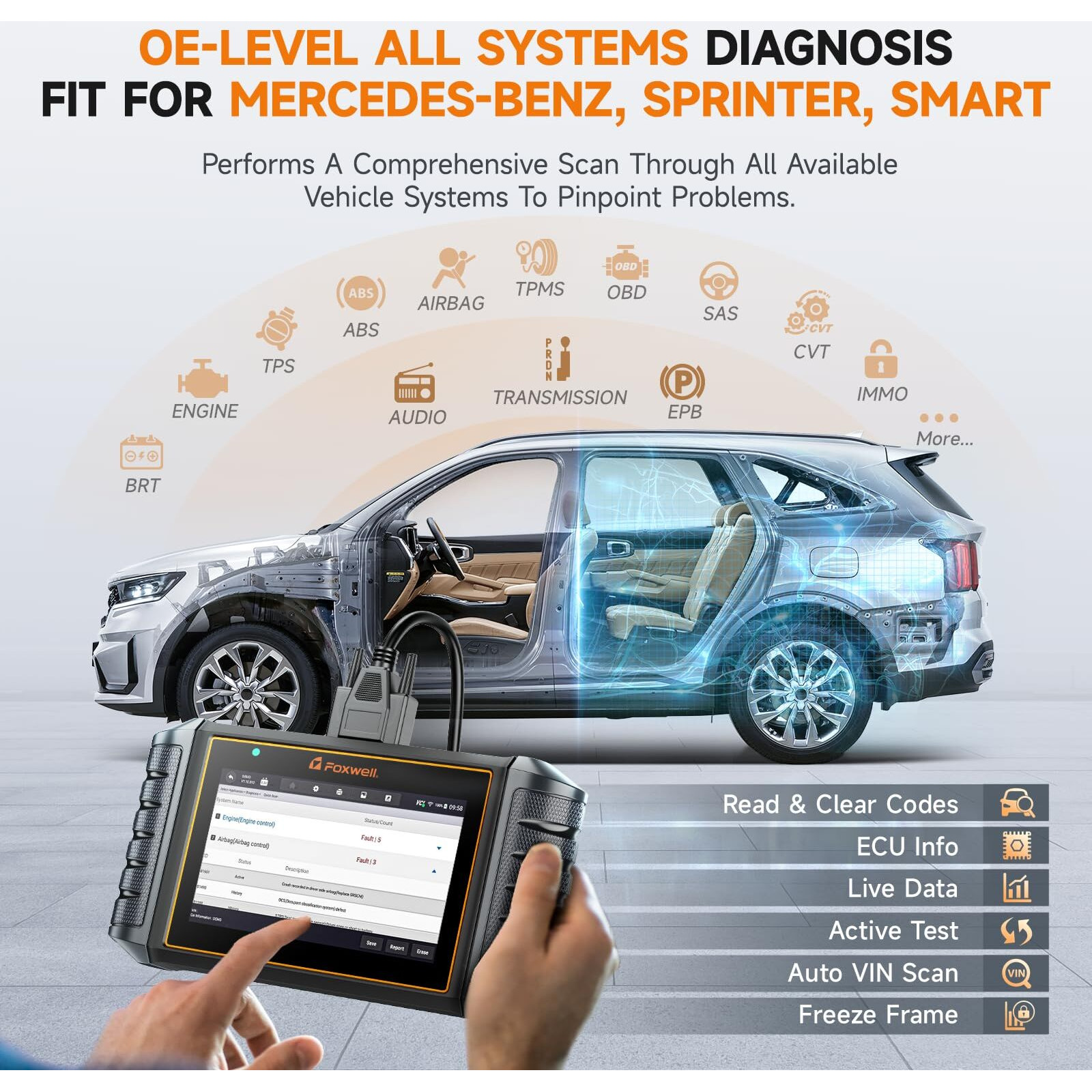 Foxwell Nt710 Fit For Mercedes-Benz Obd2 Scanner, Full System Diagnostic Scan Tool, Bidirectional Control, All Free Resets Air Suspension/Abs Bleeding/Oil/Srs/Epb, Code Reader, Auto Vin, Wifi Update