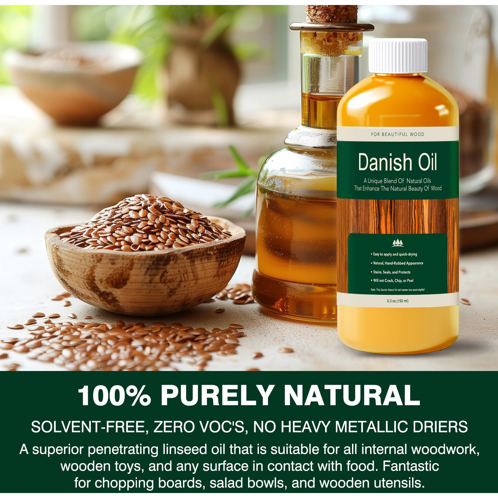 Danish Oil For Wood - Pure Polymerized Linseed Oil Wood Finish & Sealer - Ideal For Furniture, Butcher Blocks, Salad Bowls, & More - Restore & Protect, Fast Curing