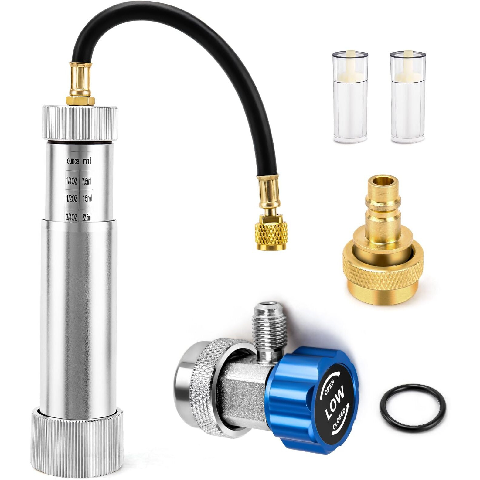 R134A R1234Yf Ac Oil Injector Tool Ac Dye Injector Kit With R134A Adjustable Quick Coupler, R1234Yf Quick Coupler And 2 Oil Checkers, Ac Oil Dye Injector Kit For R134A R1234Yf Refrigerant System