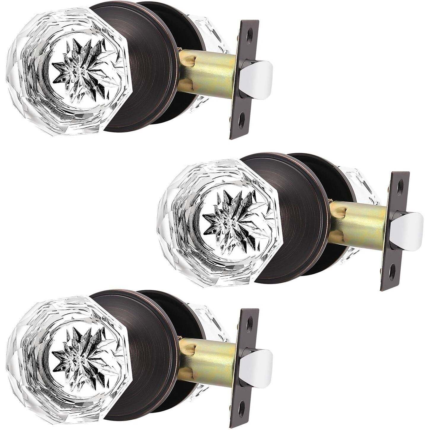 3 Pack Orger Glass Door Knobs For Hallway And Closet, Crystal Passage Door Knobs With Round Diamond Shape, Non-Locking Interior Door Handles, Round Rosette Finished Oil Rubbed Bronze