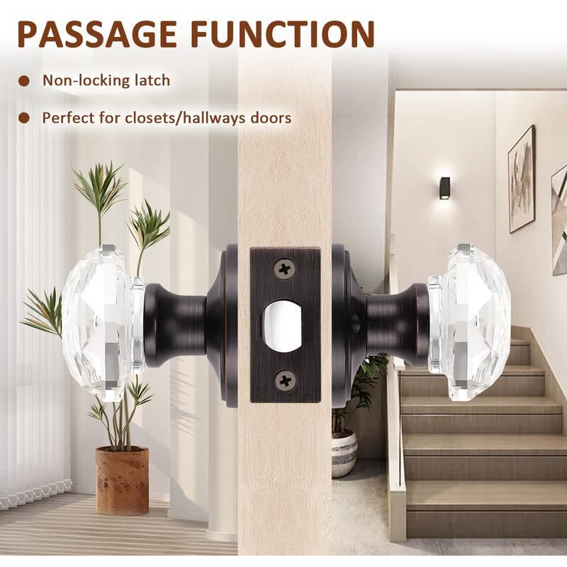 3 Pack Orger Glass Door Knobs For Hallway And Closet, Crystal Passage Door Knobs With Round Diamond Shape, Non-Locking Interior Door Handles, Round Rosette Finished Oil Rubbed Bronze