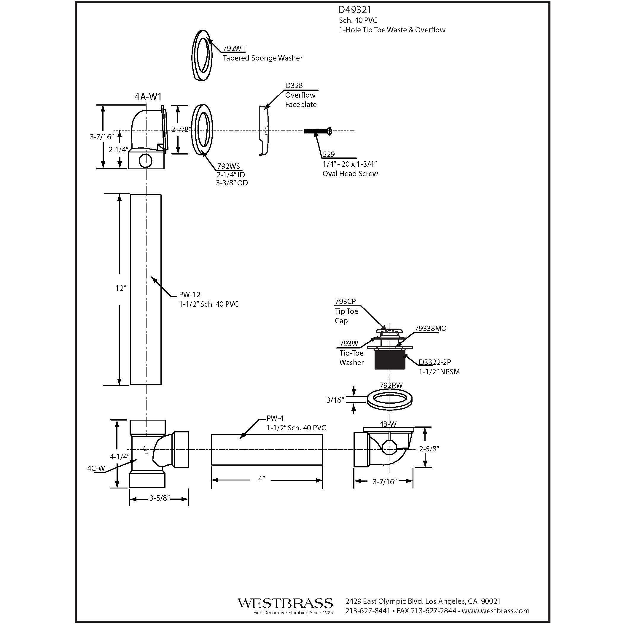 Westbrass Tip-Toe Sch. 40 Pvc Bath Waste With One-Hole Elbow, Oil Rubbed Bronze, D49321-12
