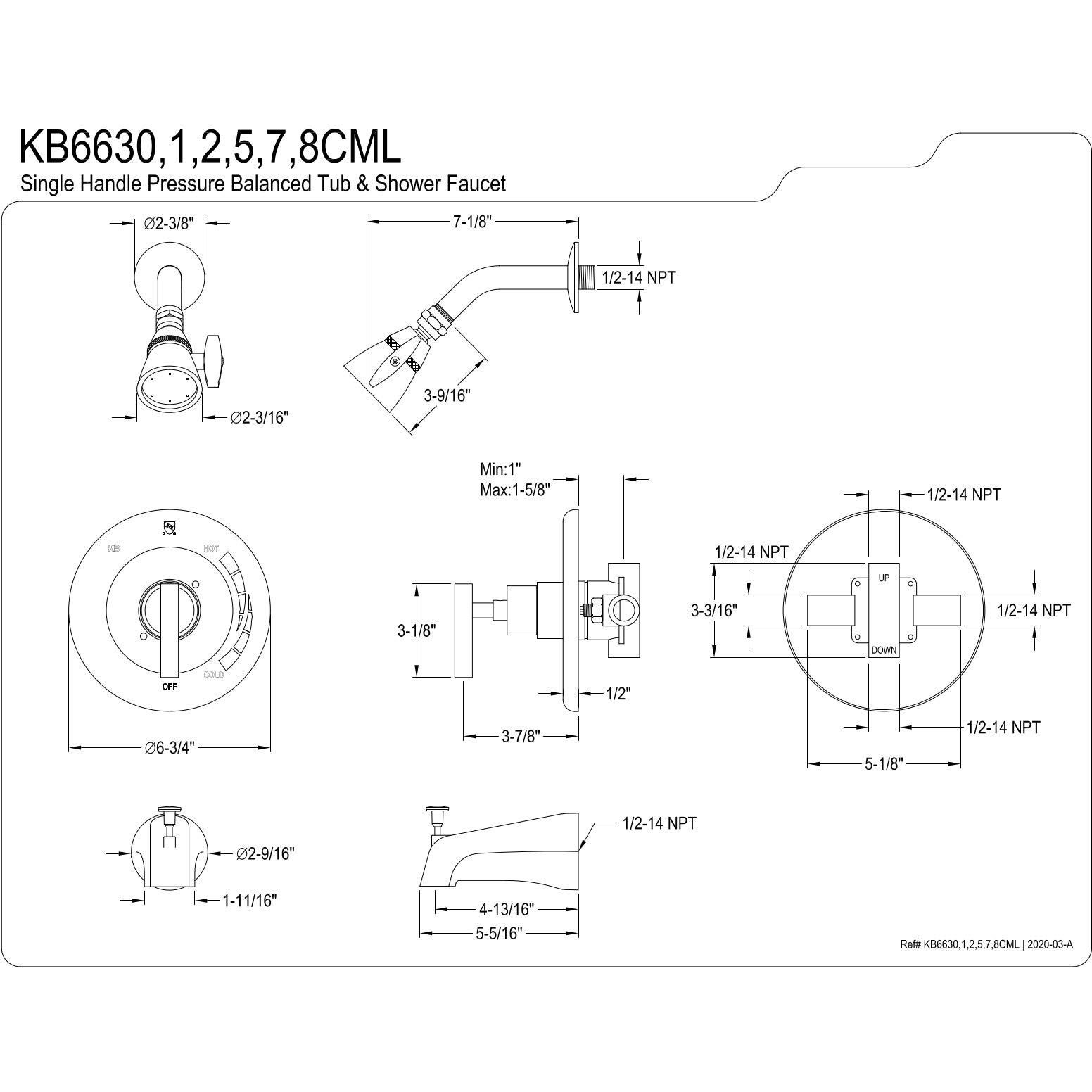 Kingston Brass Kb6635Cml Manhattan Tub And Shower Faucet, 7-Inch, Oil Rubbed Bronze