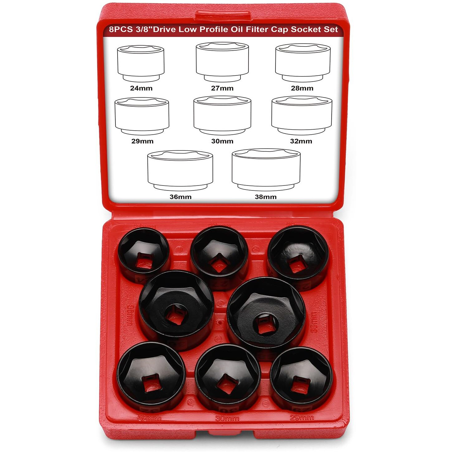 Mayouko 8 Pieces 3/8"" Drive Low Profile Oil Filter Cap Wrench Socket Set, 24Mm, 27Mm,28Mm,29Mm,30Mm,32Mm,36Mm,38Mm,Cr-V, Oil Filter Cap Remove And Install Tool Kit