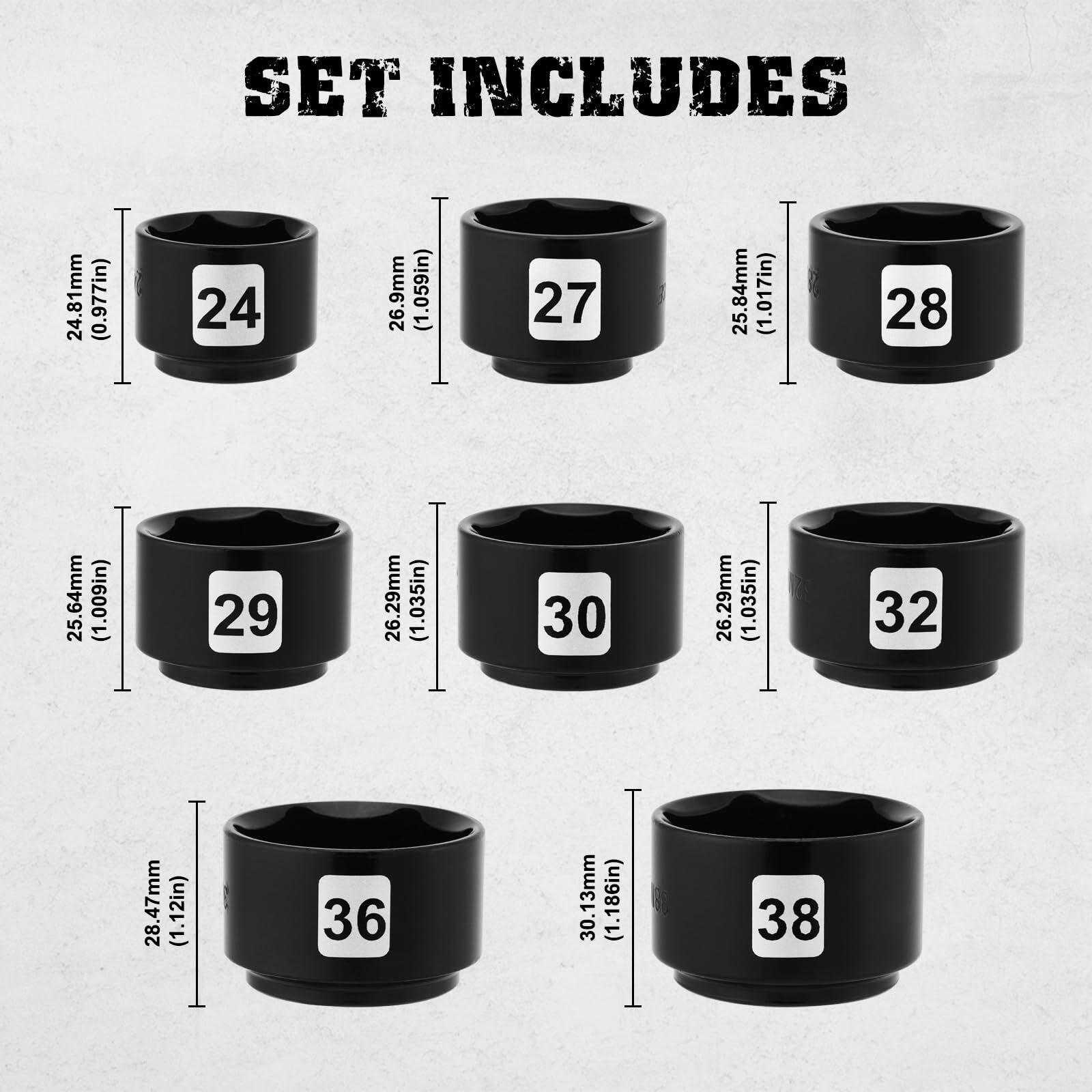 Mayouko 8 Pieces 3/8"" Drive Low Profile Oil Filter Cap Wrench Socket Set, 24Mm, 27Mm,28Mm,29Mm,30Mm,32Mm,36Mm,38Mm,Cr-V, Oil Filter Cap Remove And Install Tool Kit