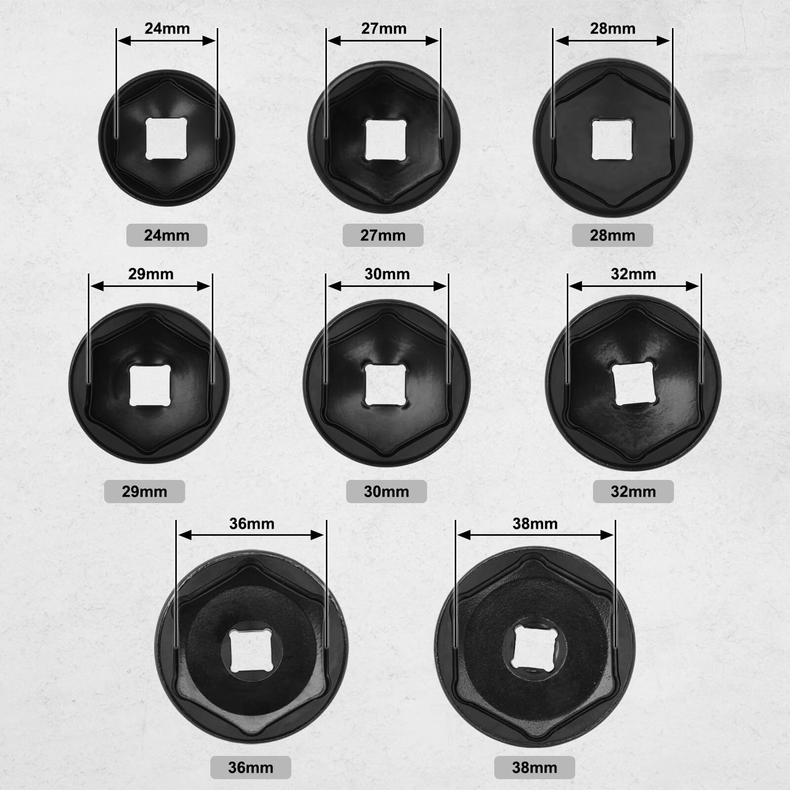 Mayouko 8 Pieces 3/8"" Drive Low Profile Oil Filter Cap Wrench Socket Set, 24Mm, 27Mm,28Mm,29Mm,30Mm,32Mm,36Mm,38Mm,Cr-V, Oil Filter Cap Remove And Install Tool Kit