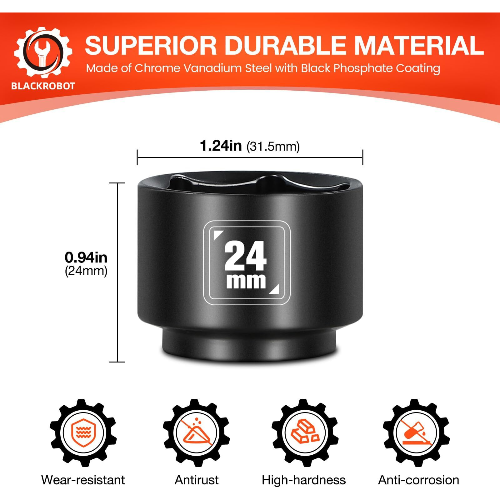 Blackrobot 24Mm Low Profile Oil Filter Socket, 3/8"" Drive 6-Point Oil Filter Cap Remover And Installer Tool, Chrome Vanadium Steel